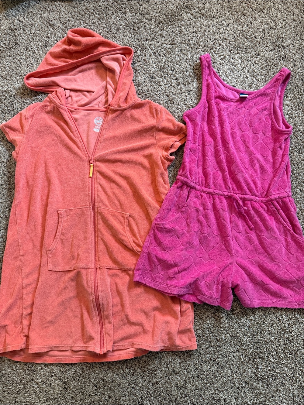 Set of 2: Kids Coral Hooded Swim Coverup and Pink Terry Romper